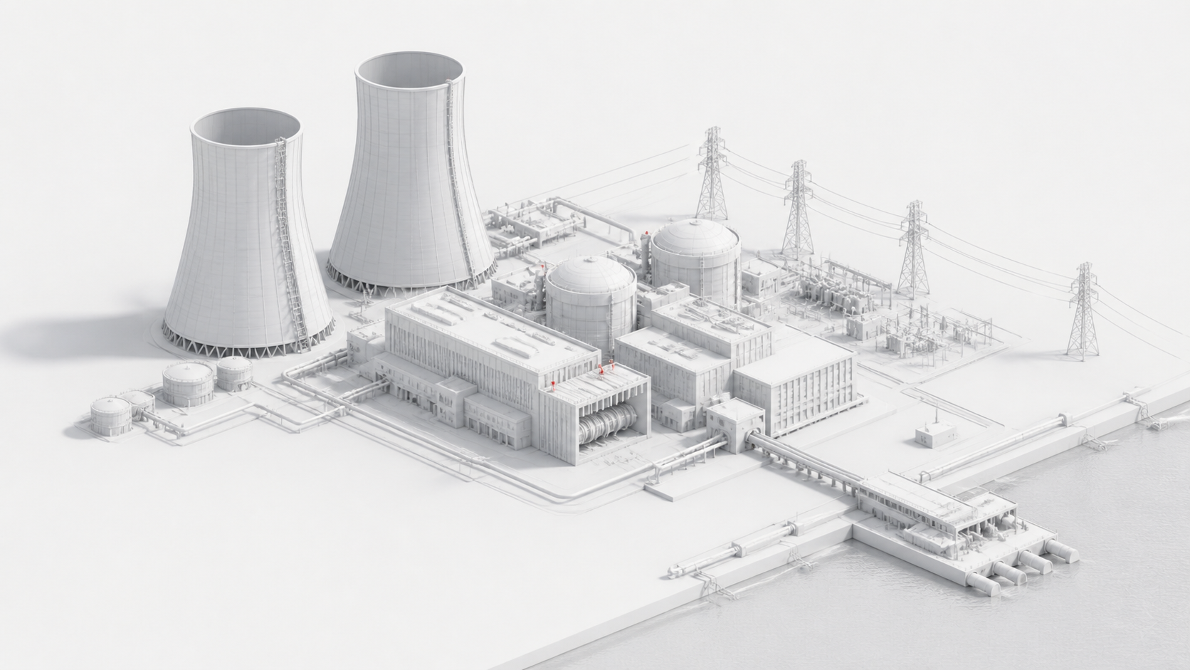 White clay render of a nuclear power facility and grid infrastructure