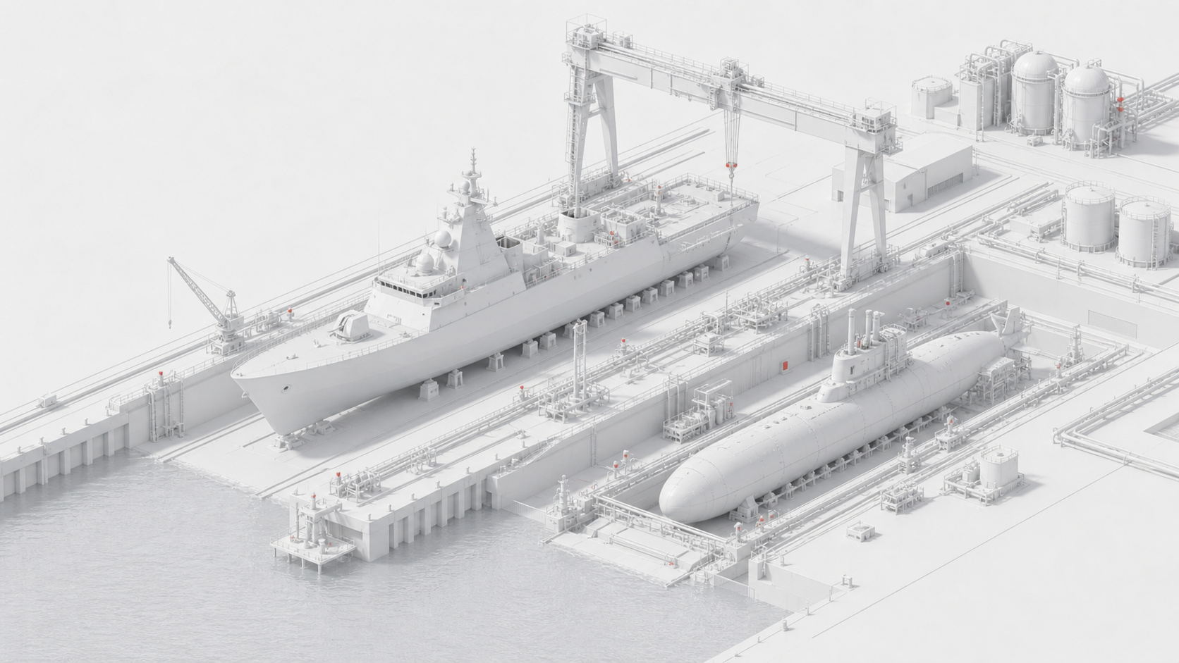 White clay render of a shipyard with ships and submarines