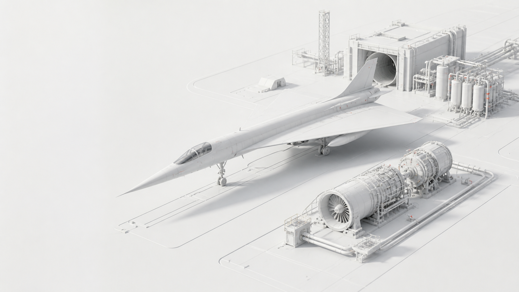 White clay render of a supersonic aircraft and propulsion test facility